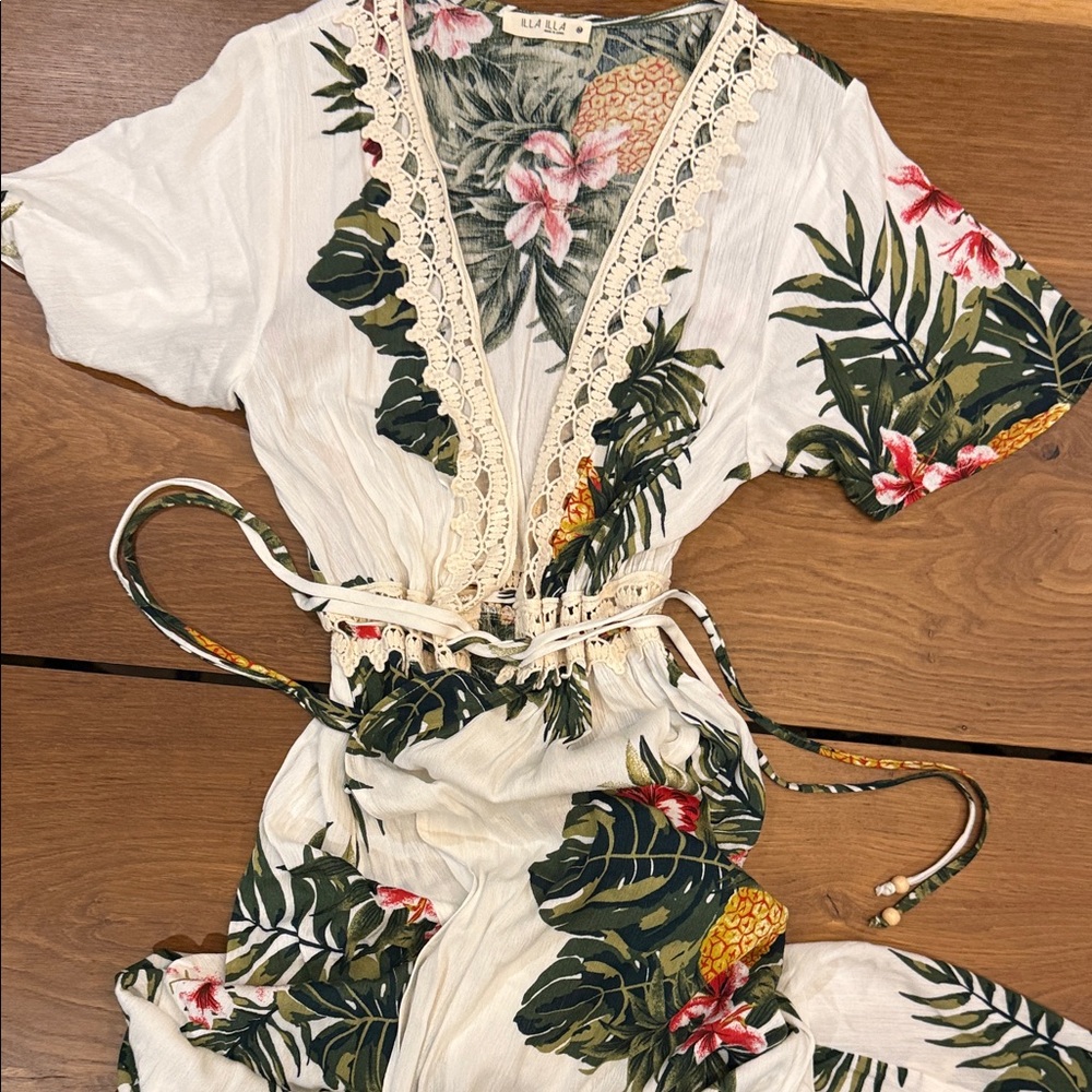 ILLA ILLA Floral Tropical Midi Dress - Cream, Green, Red